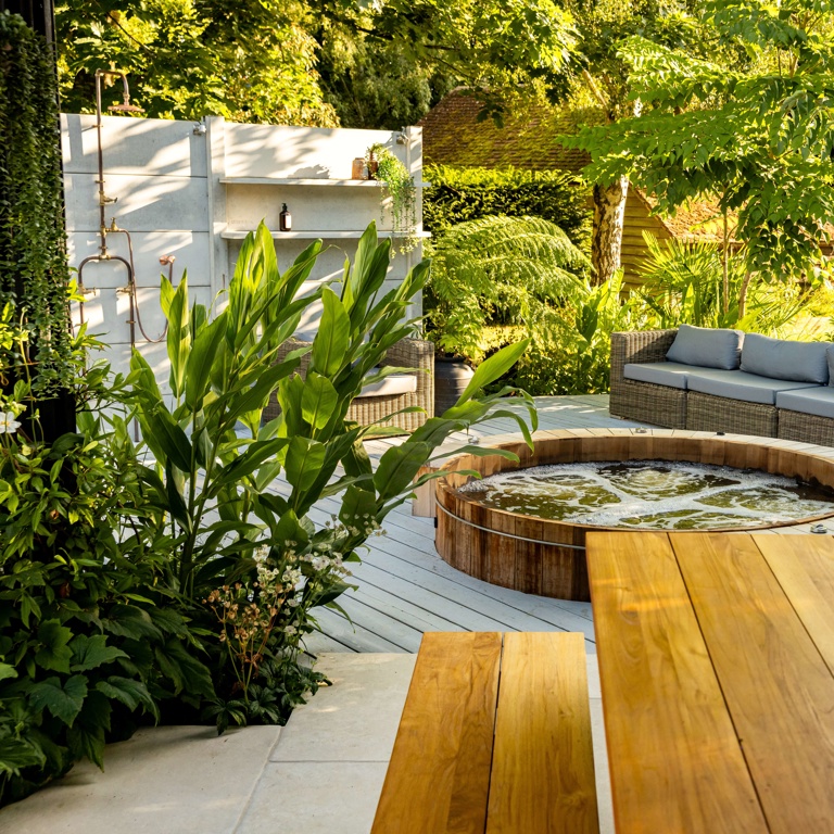 Spa garden with outdoor shower and jacuzzi