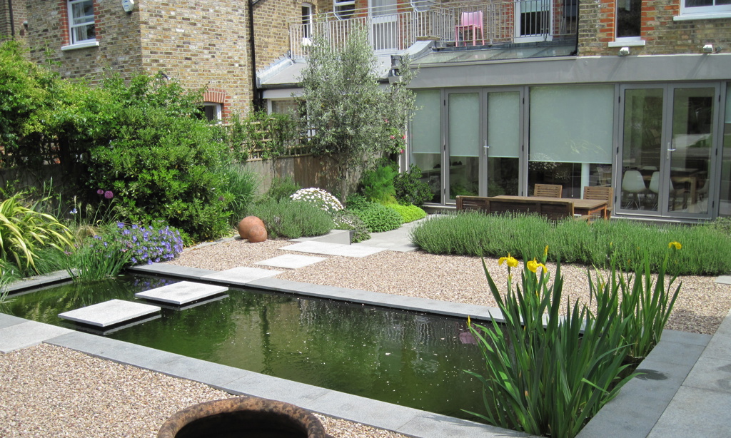 Formal pond with 'floating' stepping stones