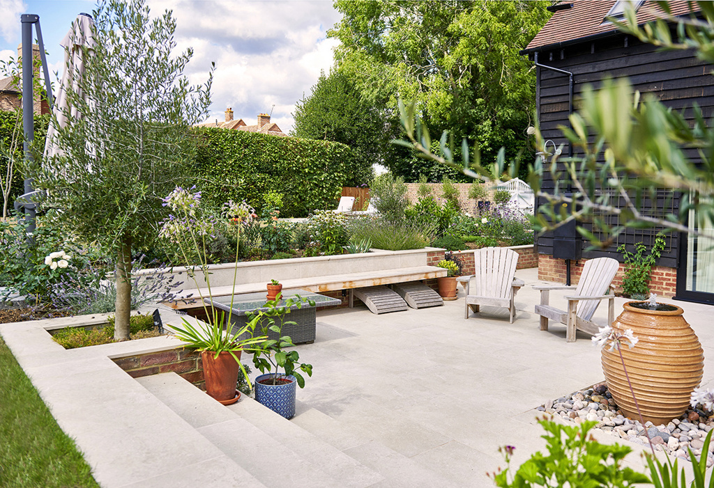 Stunning Sunken Porcelain Patio and Garden