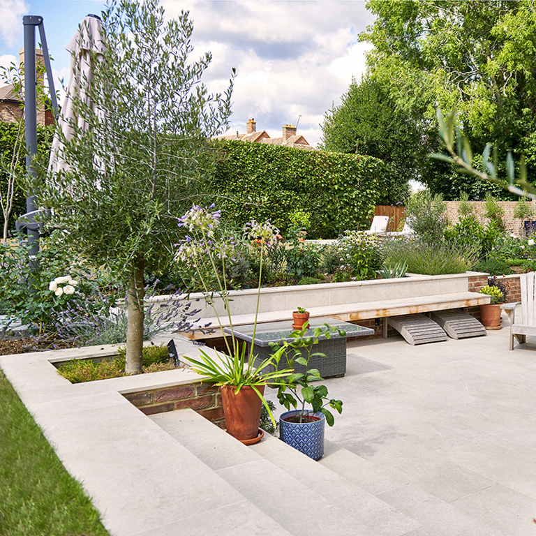Stunning Sunken Porcelain Patio and Garden