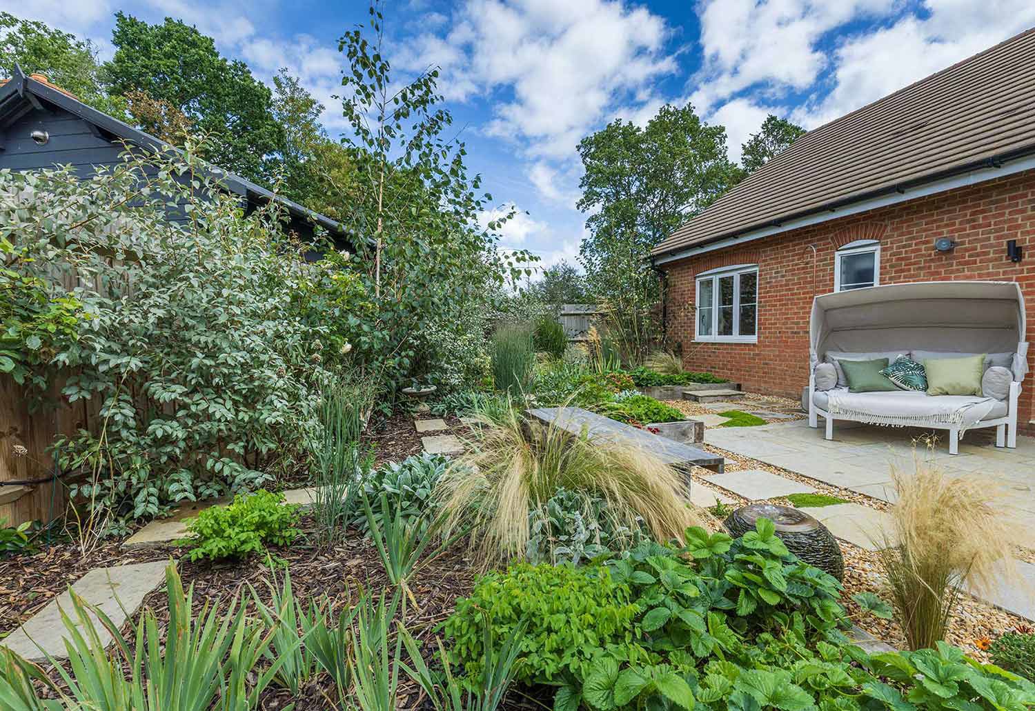 Raised planting beds and seating area