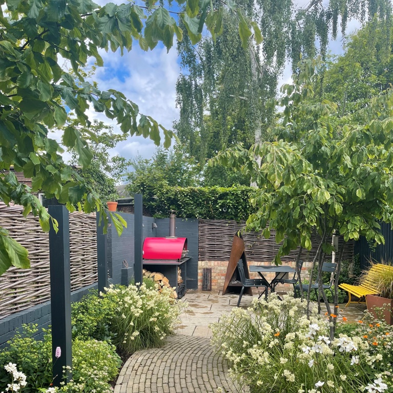 Curved clay paver path