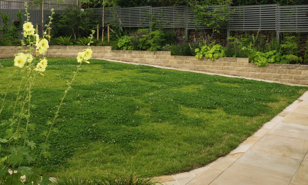 Family garden with large lawn and stepped raised beds.