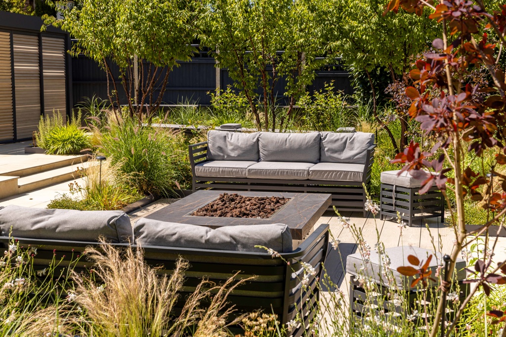 From day to night with bespoke firepit and seating area