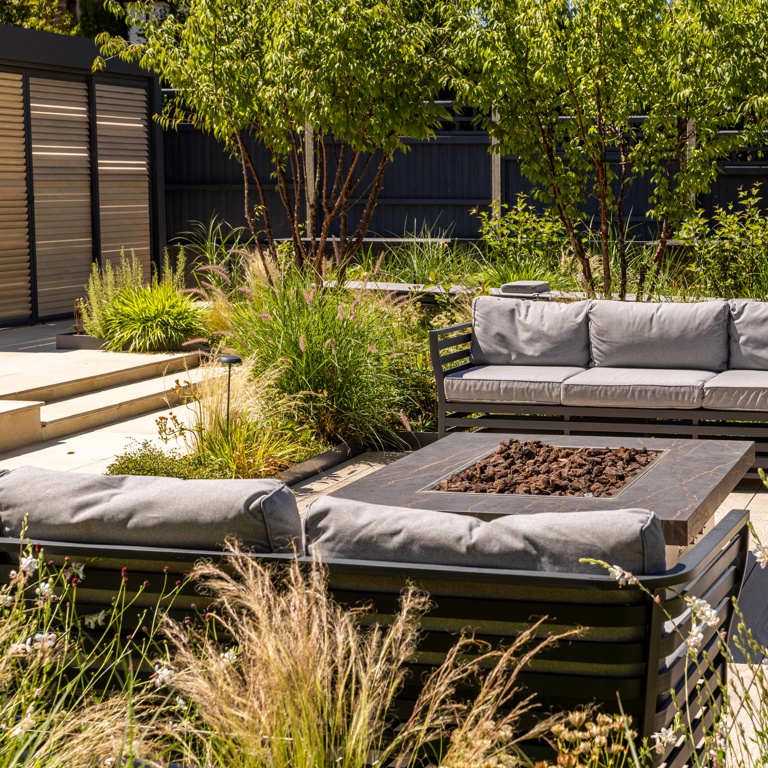 From day to night with bespoke firepit and seating area