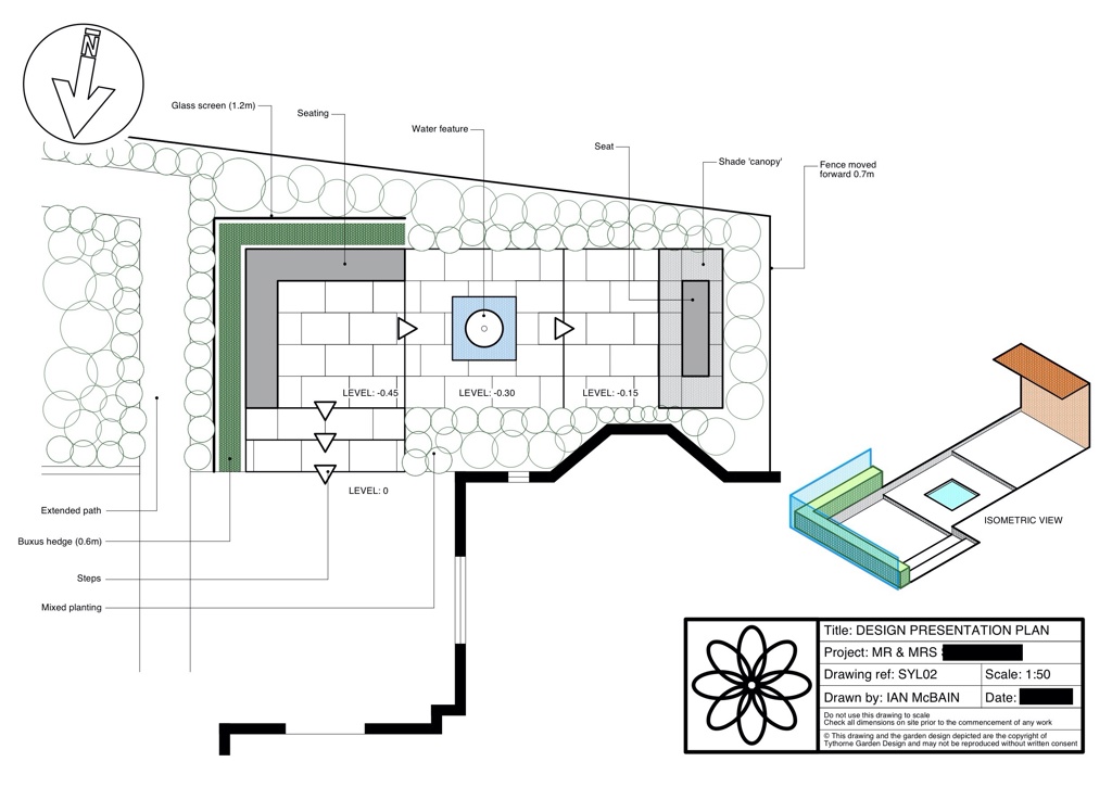 A contemporary garden with water and lighting