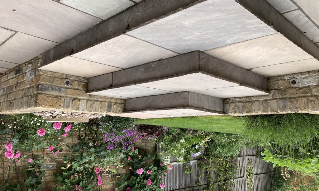 Sandstone steps up to lawn