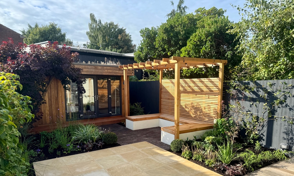 Cedar pergola with built-in seating