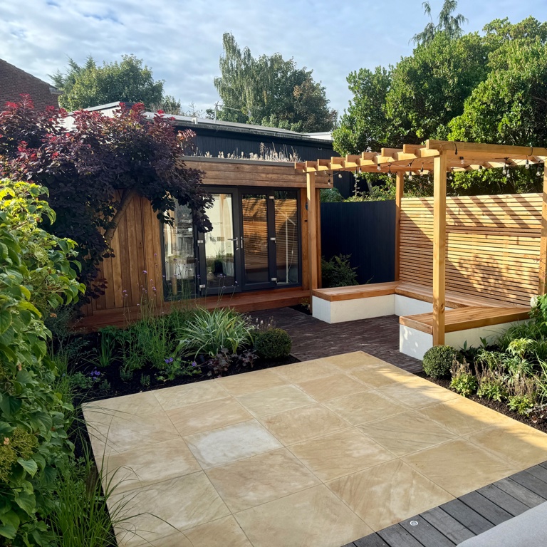 Cedar pergola with built-in seating